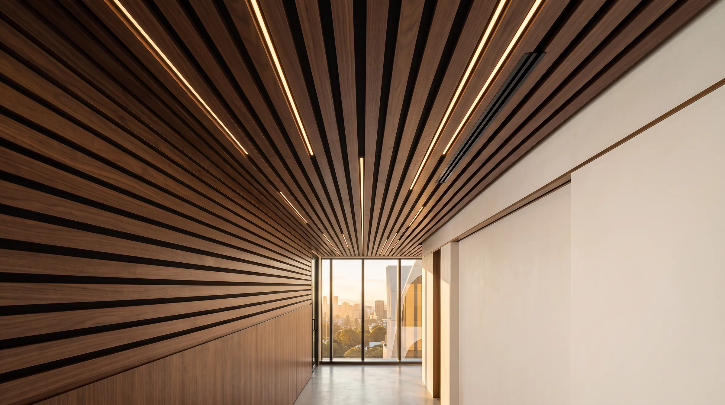 Walnut slatted ceiling concealing building services