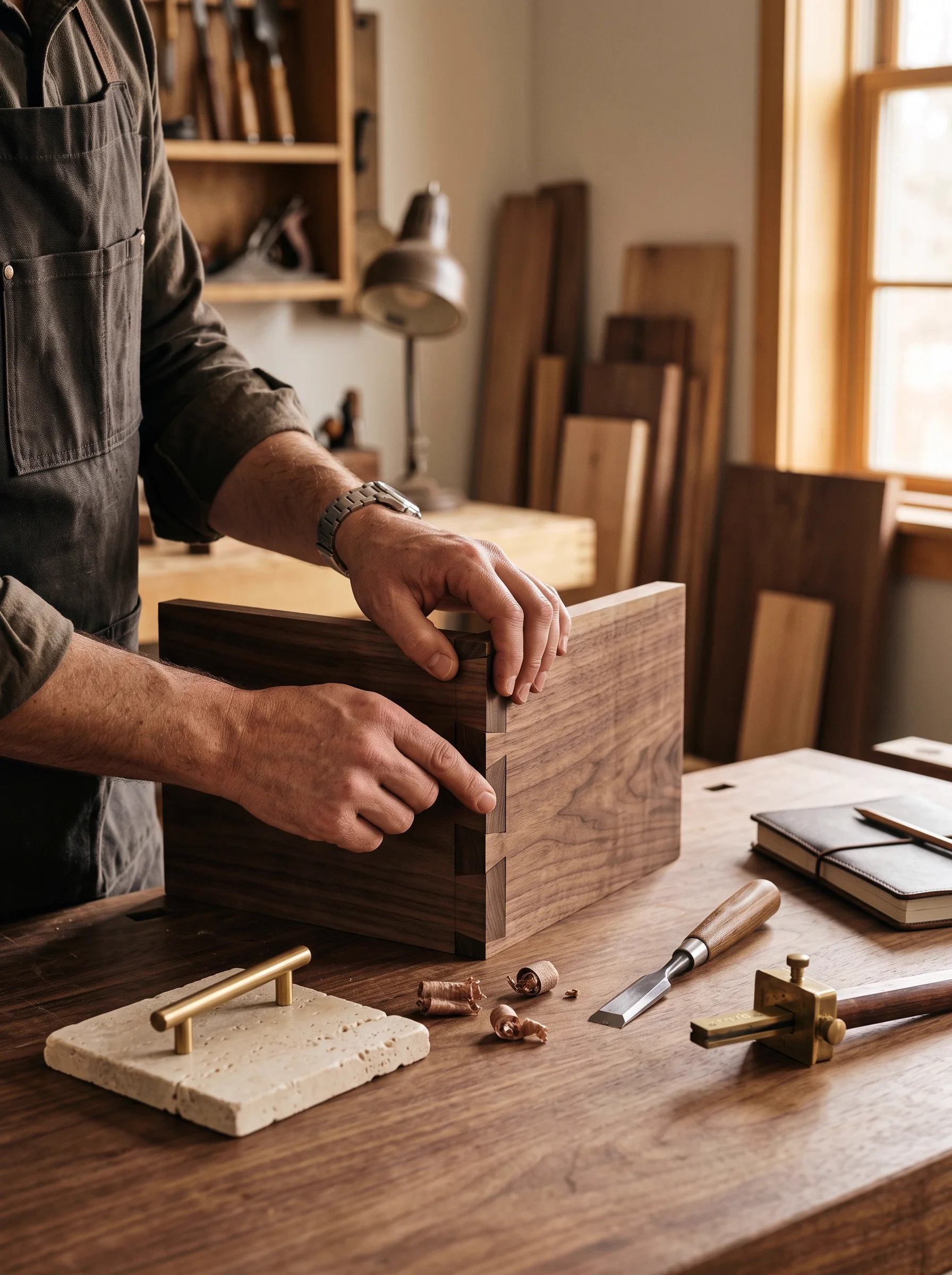 Hand-cut walnut joinery, concept visualisation