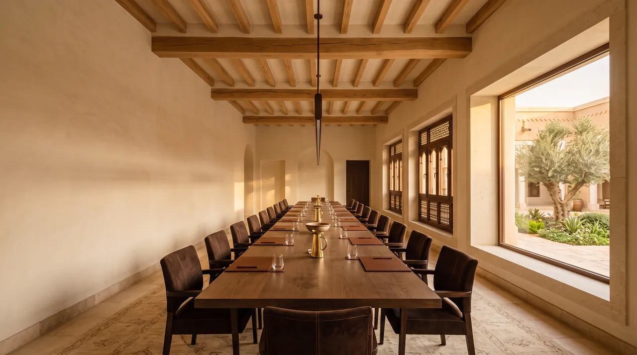 The finished council room: a long oak table with leather chairs beneath timber beams, and a window onto the olive courtyard