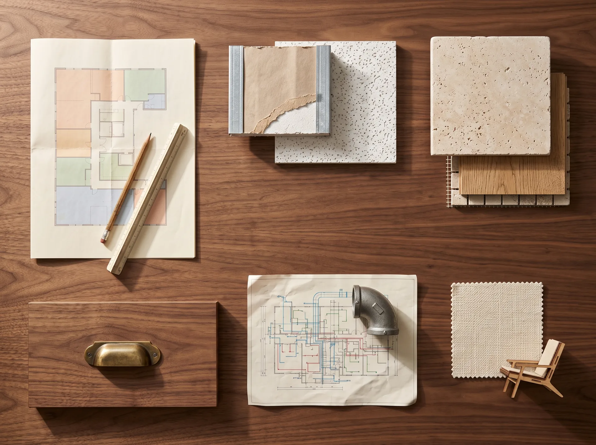 A walnut desk from above: a zoned floor plan with a scale ruler, a gypsum and stud sample on a ceiling tile, travertine, oak and mosaic floor samples, a walnut drawer front with a brass pull, an MEP drawing with a pipe elbow, and a fabric swatch with a model chair