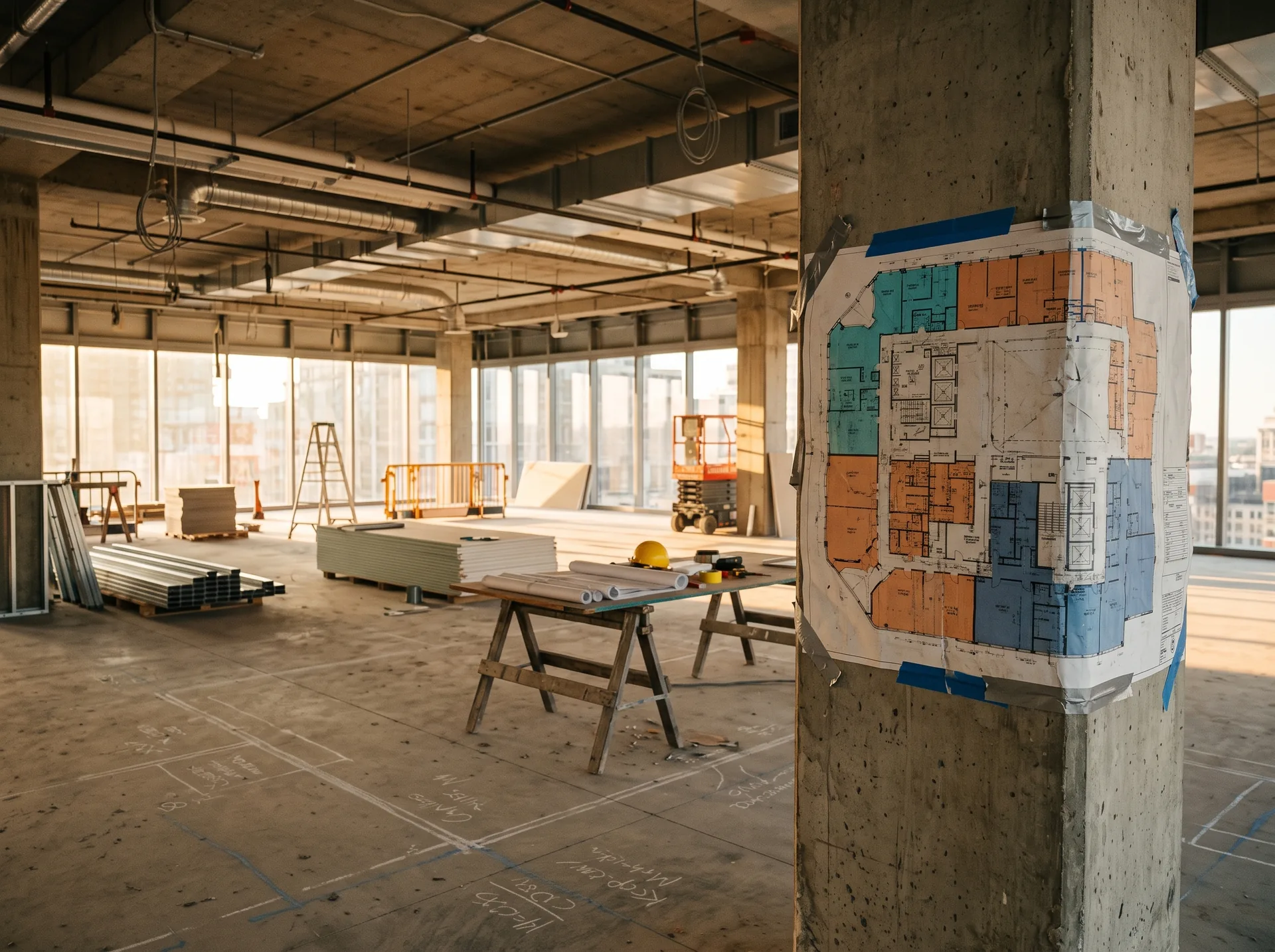 A colour-coded floor plan taped to a column on an open shell floor