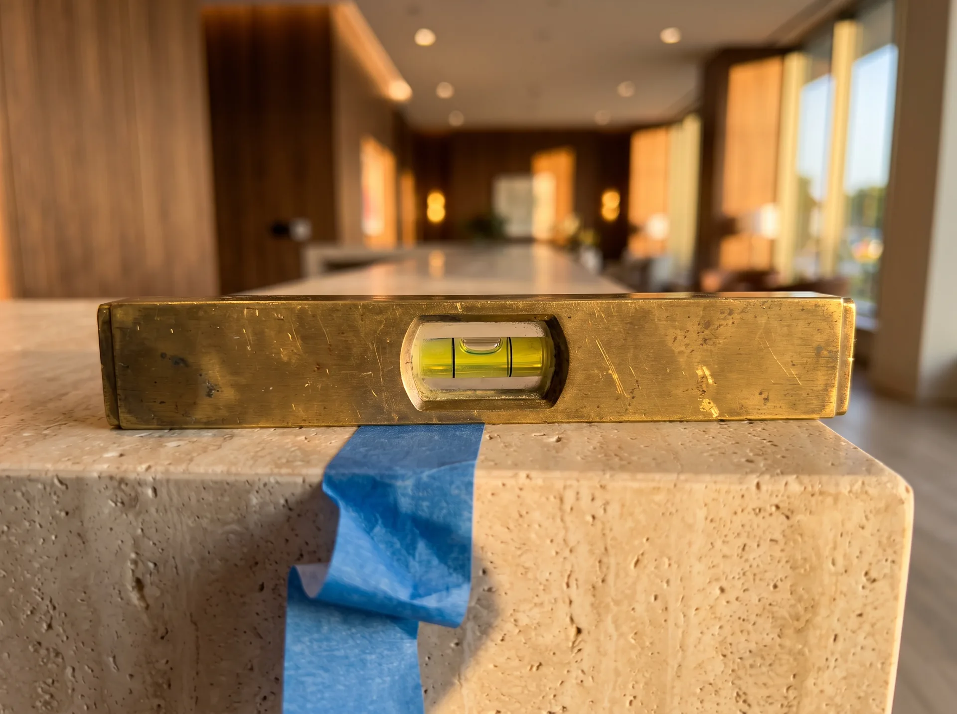 A brass spirit level reading true on a travertine counter