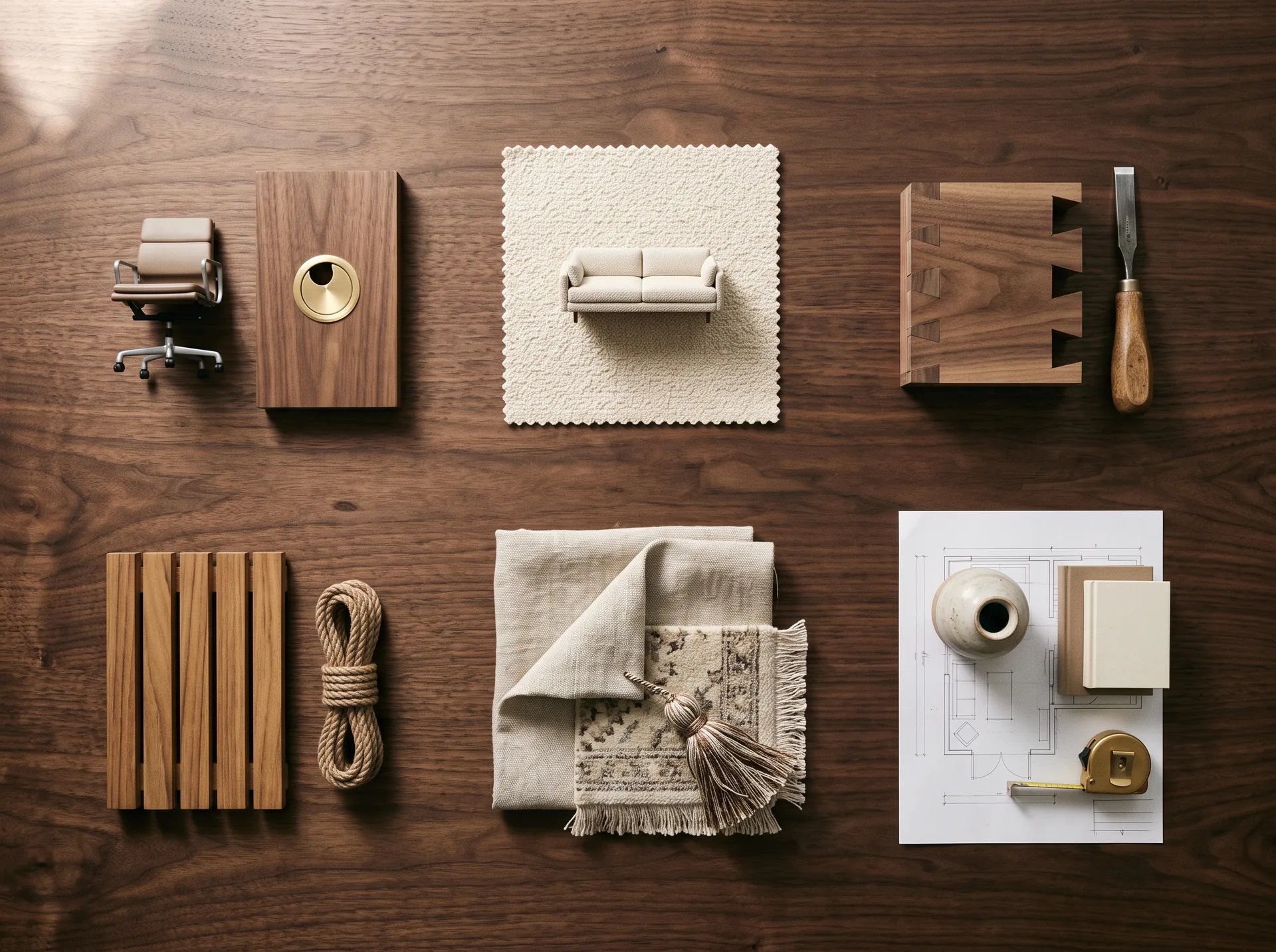 A walnut desk from above: a model task chair beside a walnut desktop sample with a brass grommet, a bouclé swatch with a model sofa, a walnut dovetail joint with a chisel, teak slats with outdoor rope, linen, a rug corner and a tassel, and a layout plan with a vase, books and a tape measure