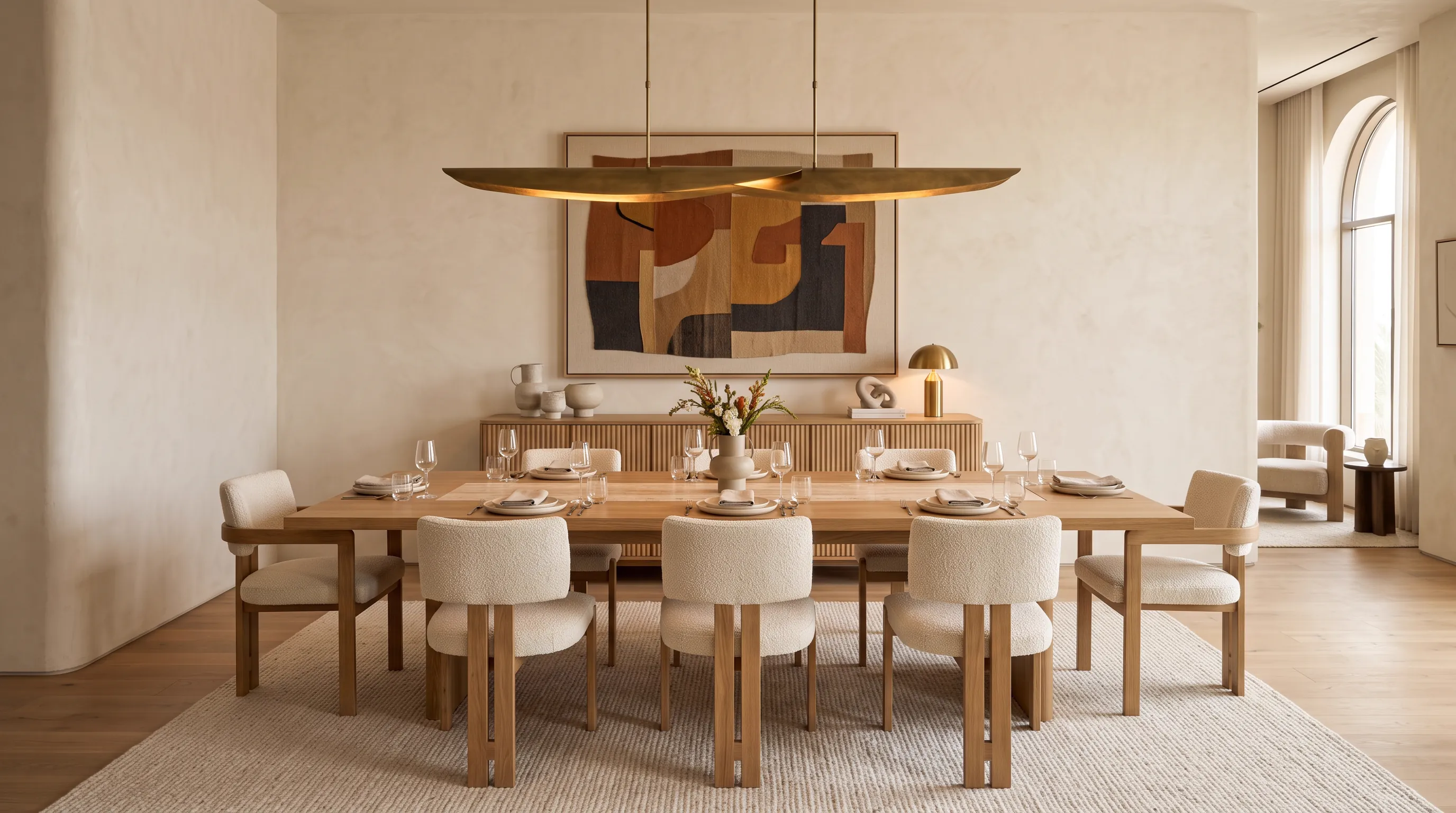A dining room with an oak table, cream upholstered chairs and a sculpted brass pendant