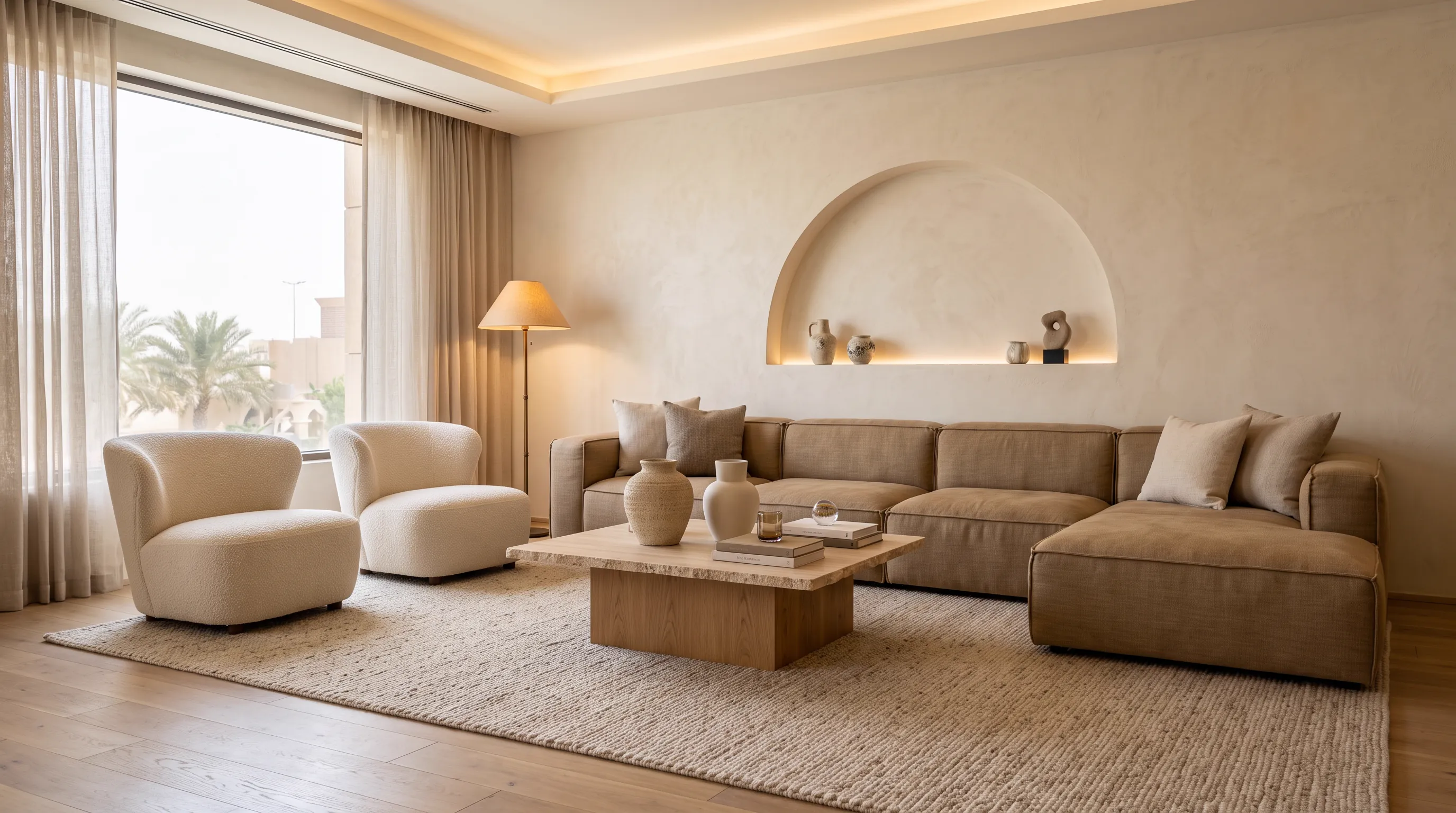 Furnished living room with a sand sofa, boucle armchairs and an oak coffee table