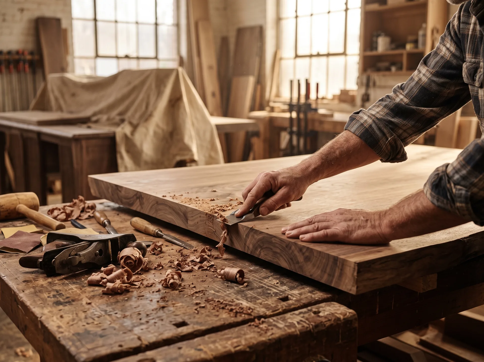 A craftsman's hands finishing the edge of a solid walnut table in a sunlit workshop