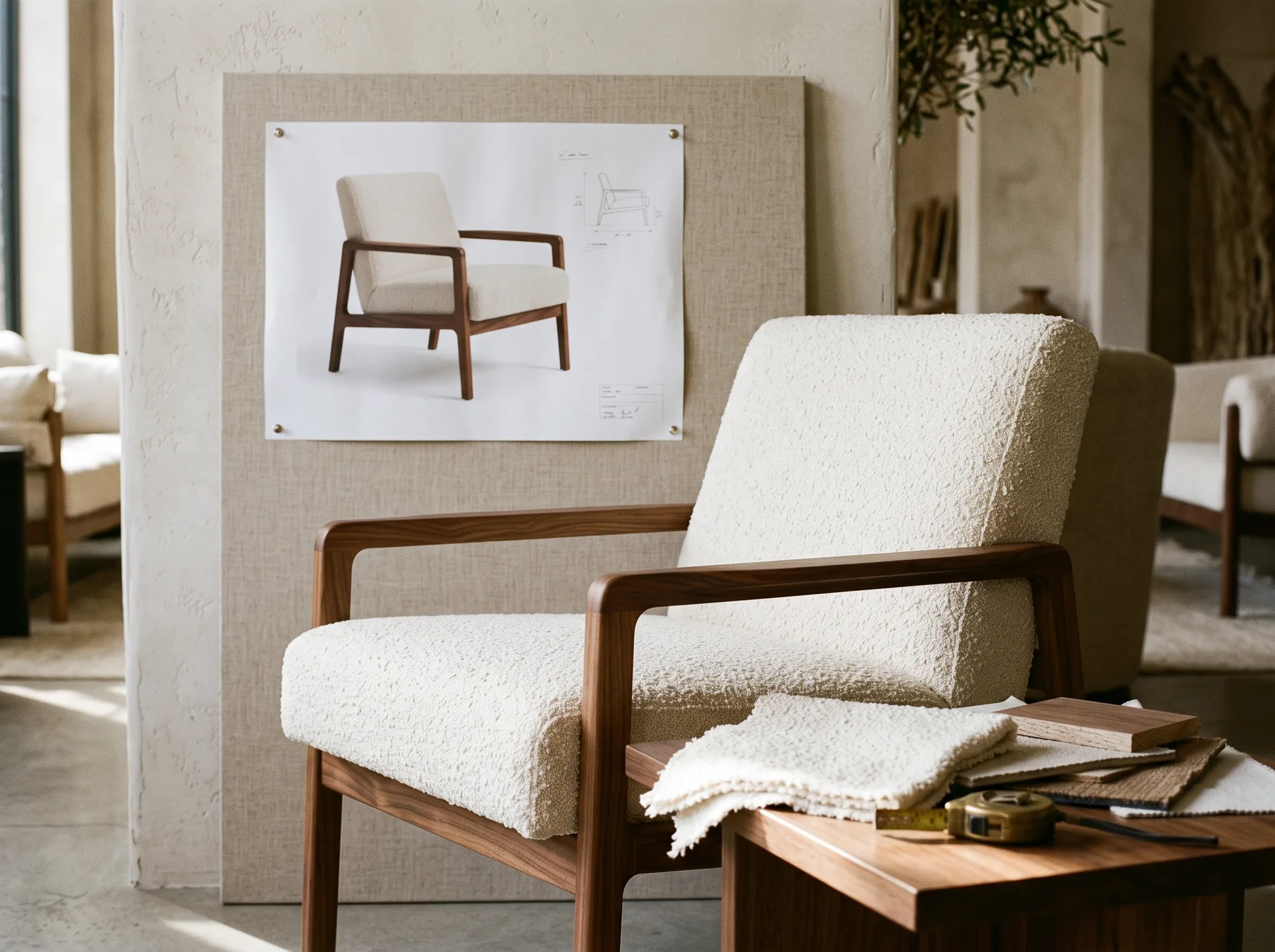 A walnut and bouclé lounge chair in front of its pinned render, matching it piece for piece