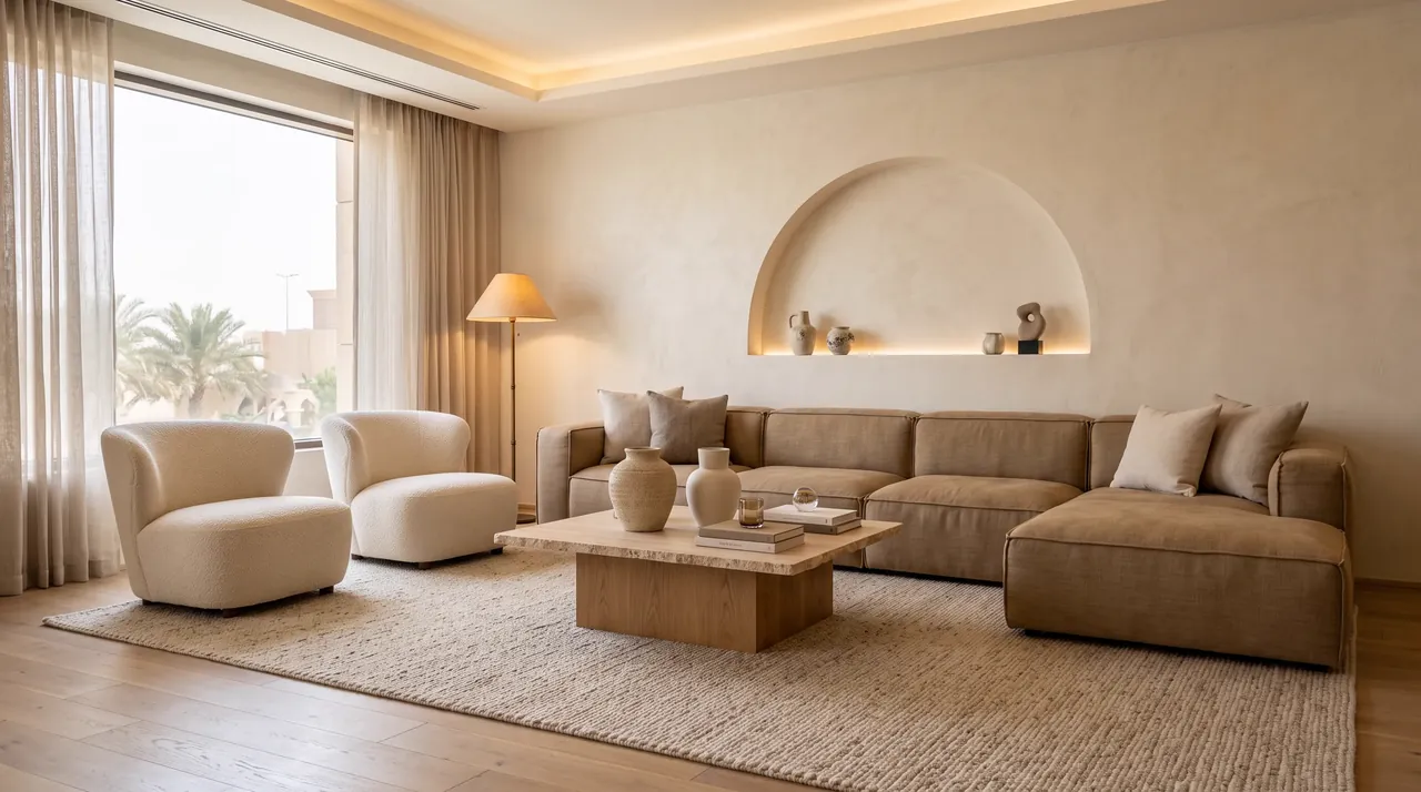 Living room with a modular linen sofa, two bouclé armchairs, a travertine coffee table, a floor lamp and an arched niche of ceramics