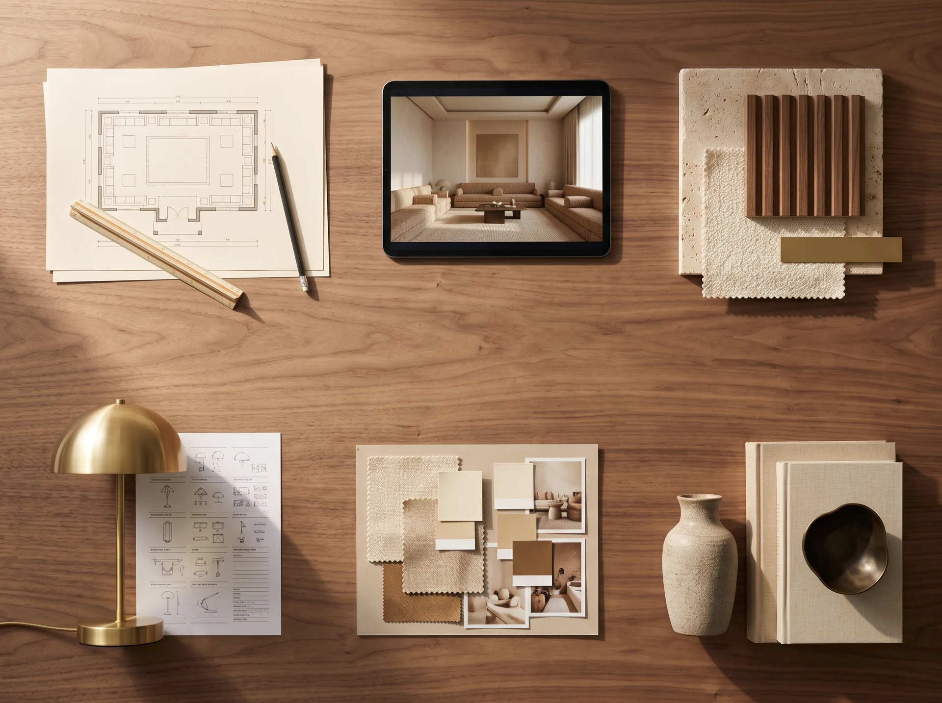 A designer's walnut desk from above: a majlis floor plan, a tablet showing a render, travertine, walnut, boucle and brass samples, a brass lamp with its specification sheet, a mood board, and a vase, books and a bronze bowl