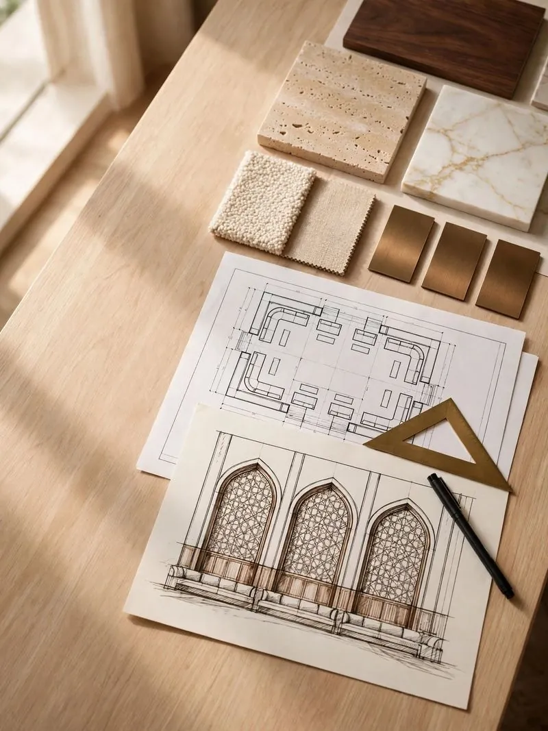 Interior design material samples and floor plans