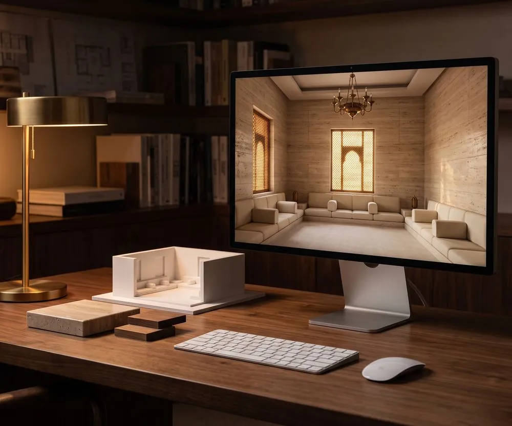 3D interior design render on a designer’s screen