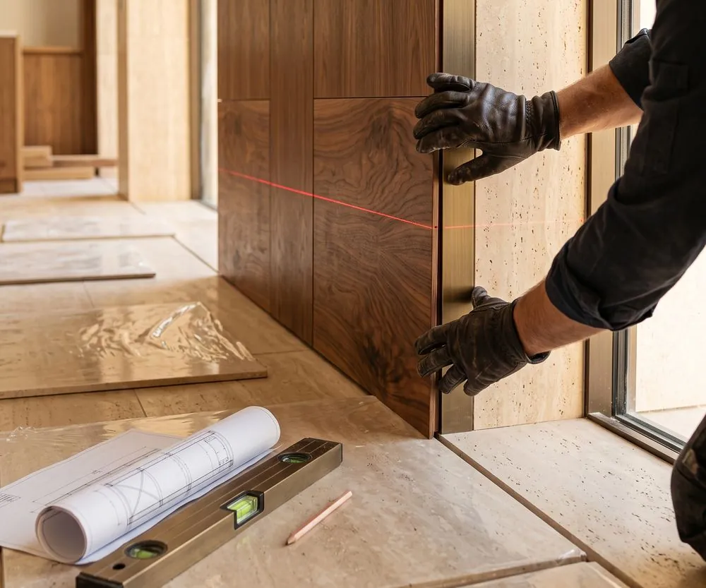 Craftsman installing walnut wall panelling