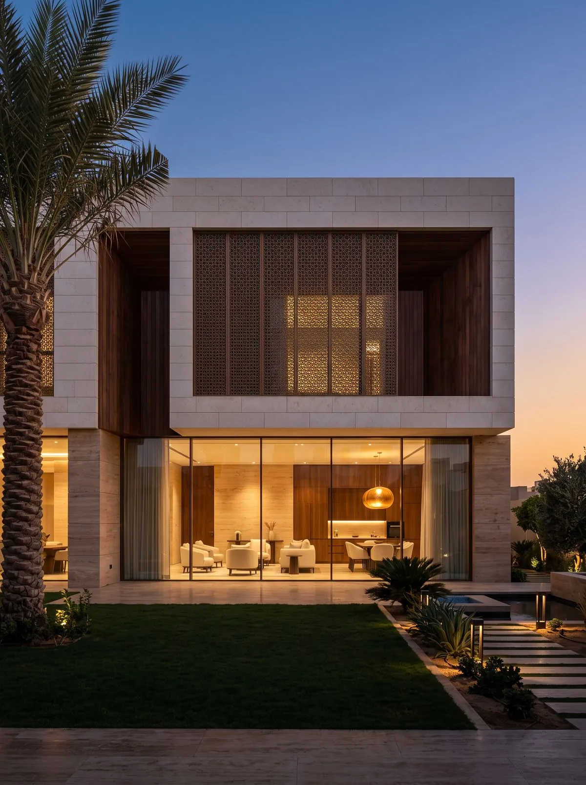 Modern villa exterior at dusk