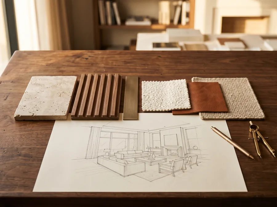 Material board of stone, timber and fabric samples for a Riyadh interior