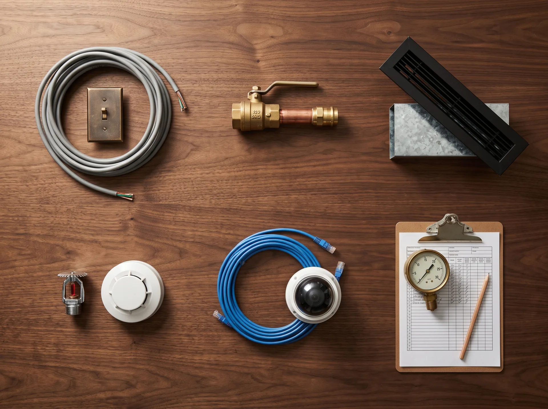 A walnut desk from above: electrical cable with a bronze switch plate, a brass ball valve on copper pipe, a black linear diffuser on galvanised duct, a sprinkler head and a smoke detector, blue data cable with a dome camera, and a pressure gauge on a test sheet