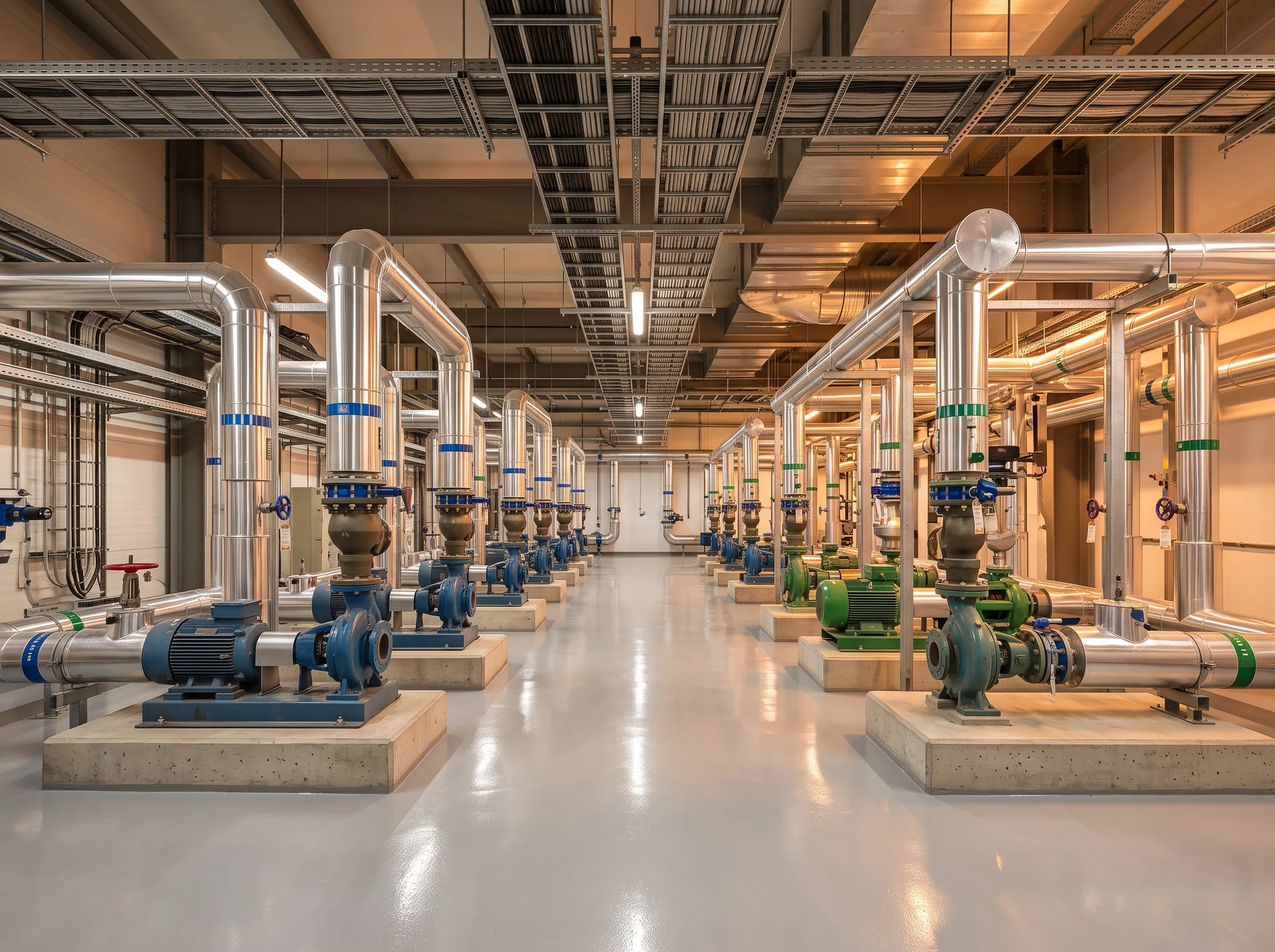 An orderly plant room: insulated pipework, pumps on concrete plinths and cable trays above