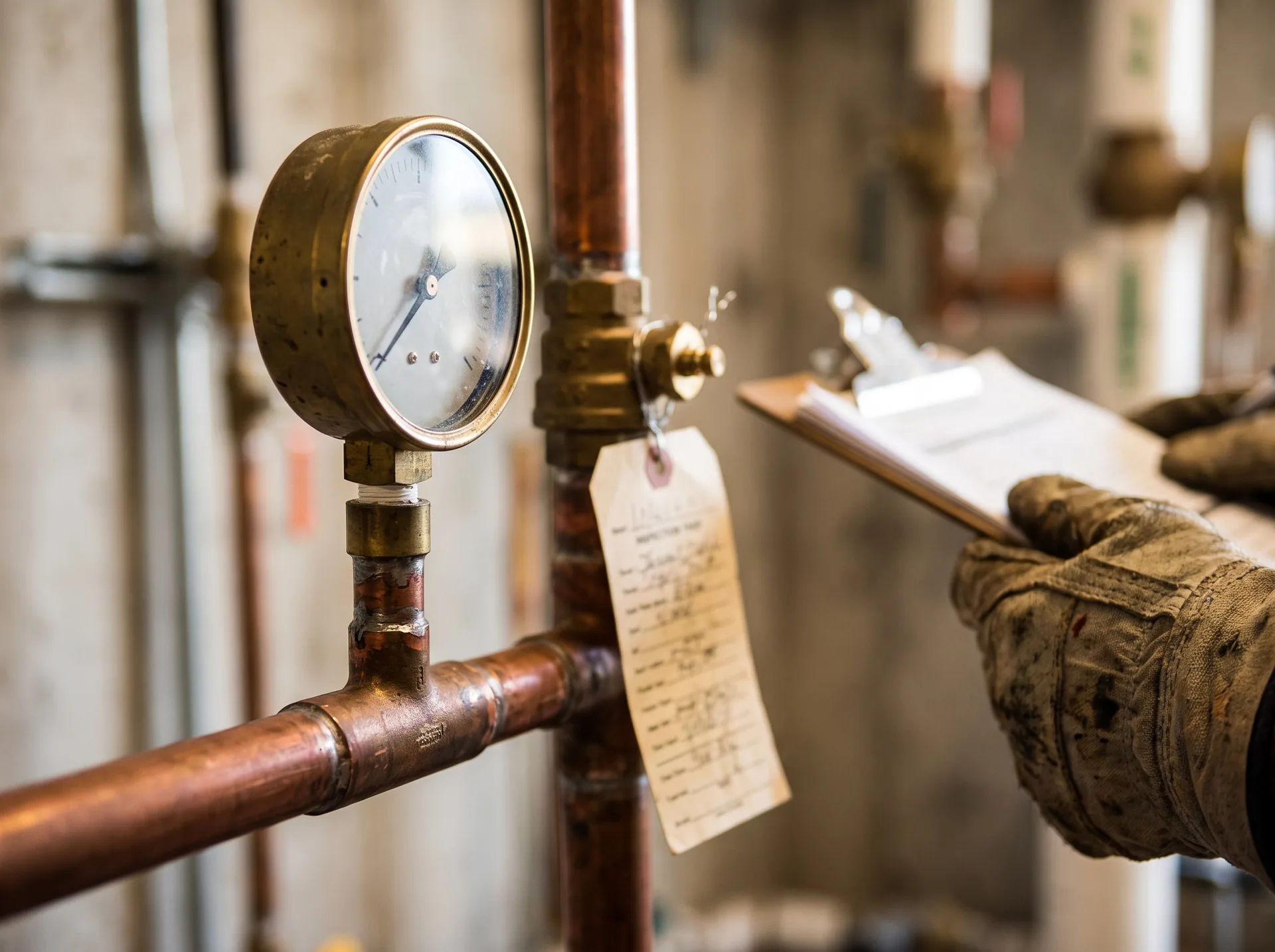 A brass pressure gauge on a copper pipe under test, with an inspection tag and a gloved hand holding a clipboard