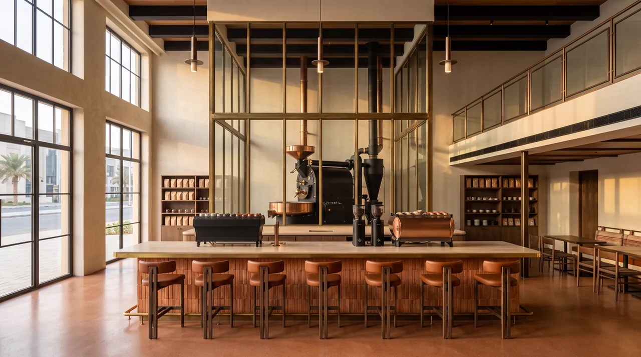 Roasting hall with its roaster and copper-clad bar, Roastery House Flagship